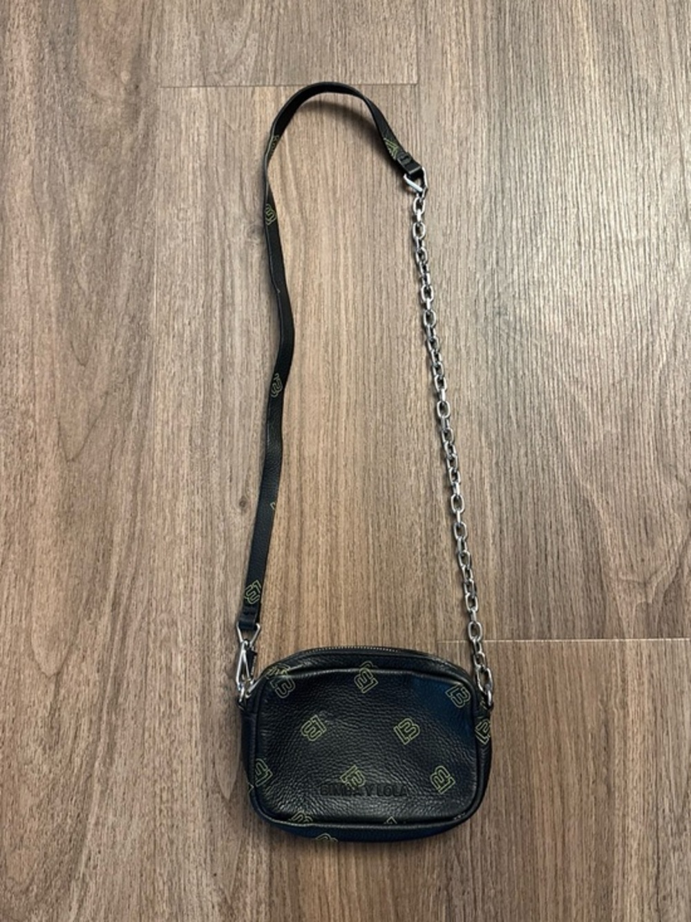 Bimba y Lola Black Logo-Print Crossbody Bag with Chain Strap